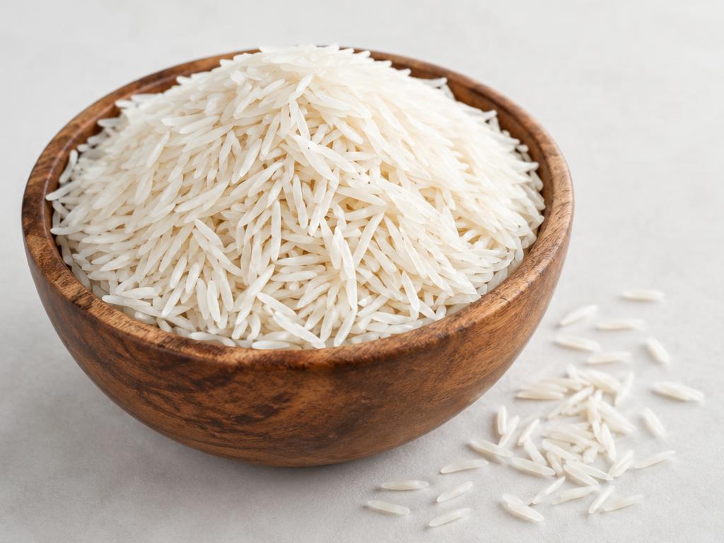 1121 Basmati rice — extra-long slender white grains in a wooden bowl
