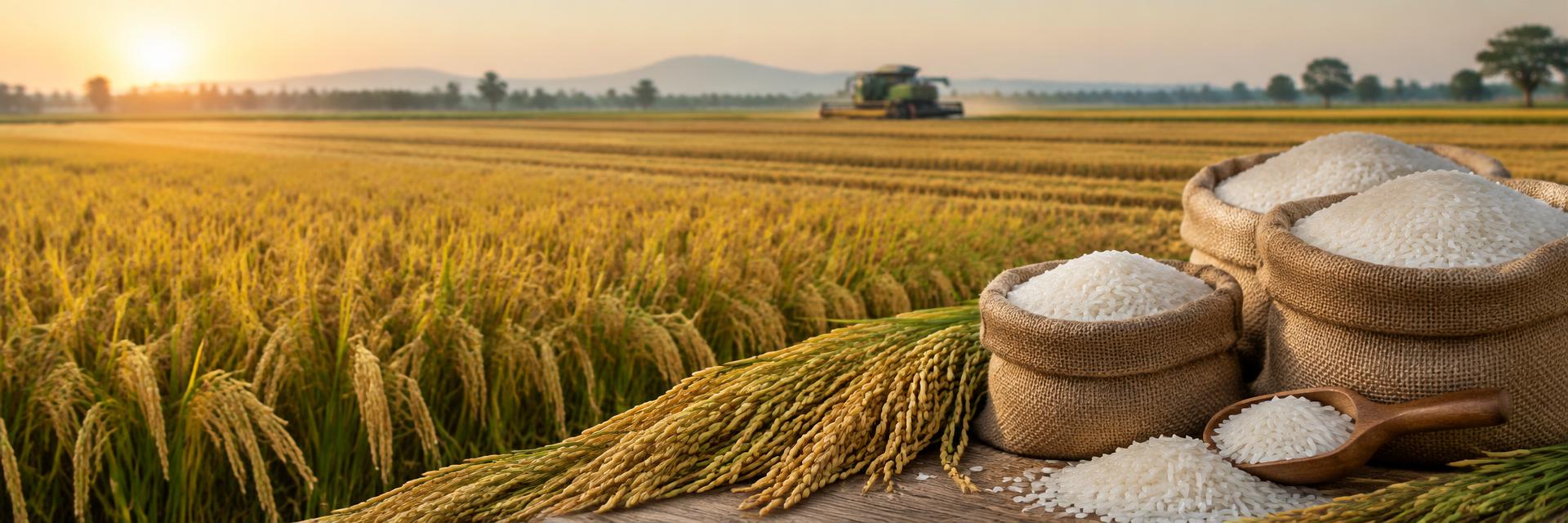 Golden paddy field with jute sacks of white rice
