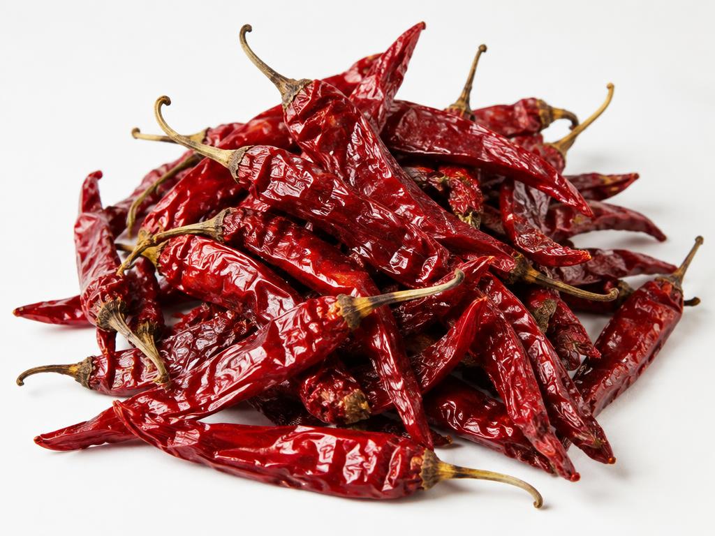 Dried red chillies with natural wrinkled skin and stems
