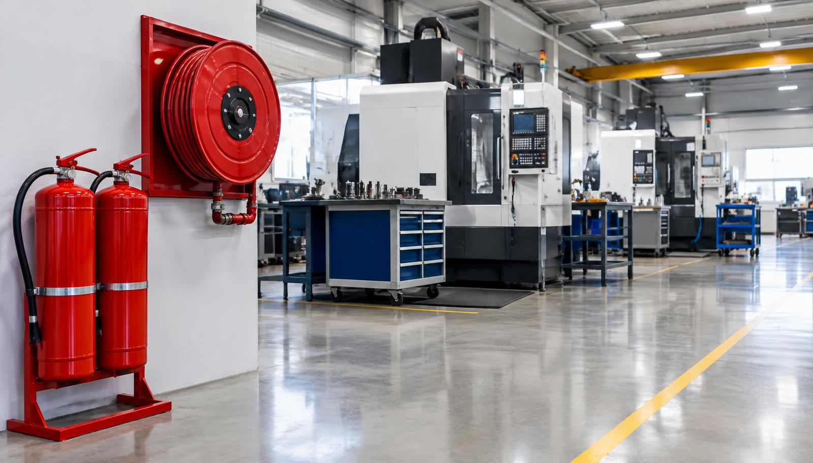 Industrial workshop with fire safety equipment and CNC machinery