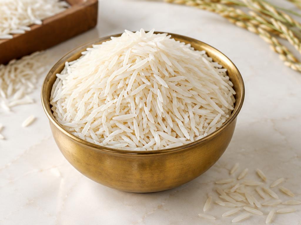 Traditional Basmati rice — aromatic long grains in a brass bowl